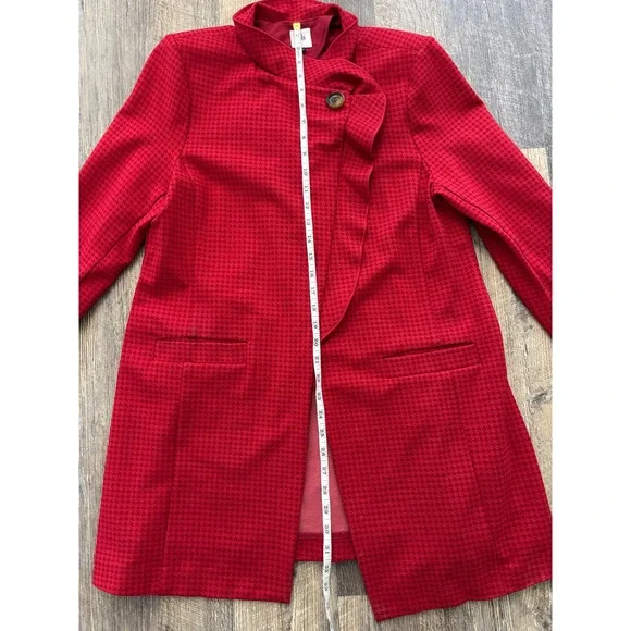 Cabi Red Houndstooth Topper Coat Asymmetrical Ruffle Front Jacket 3546 Womens L - Picture 3 of 6